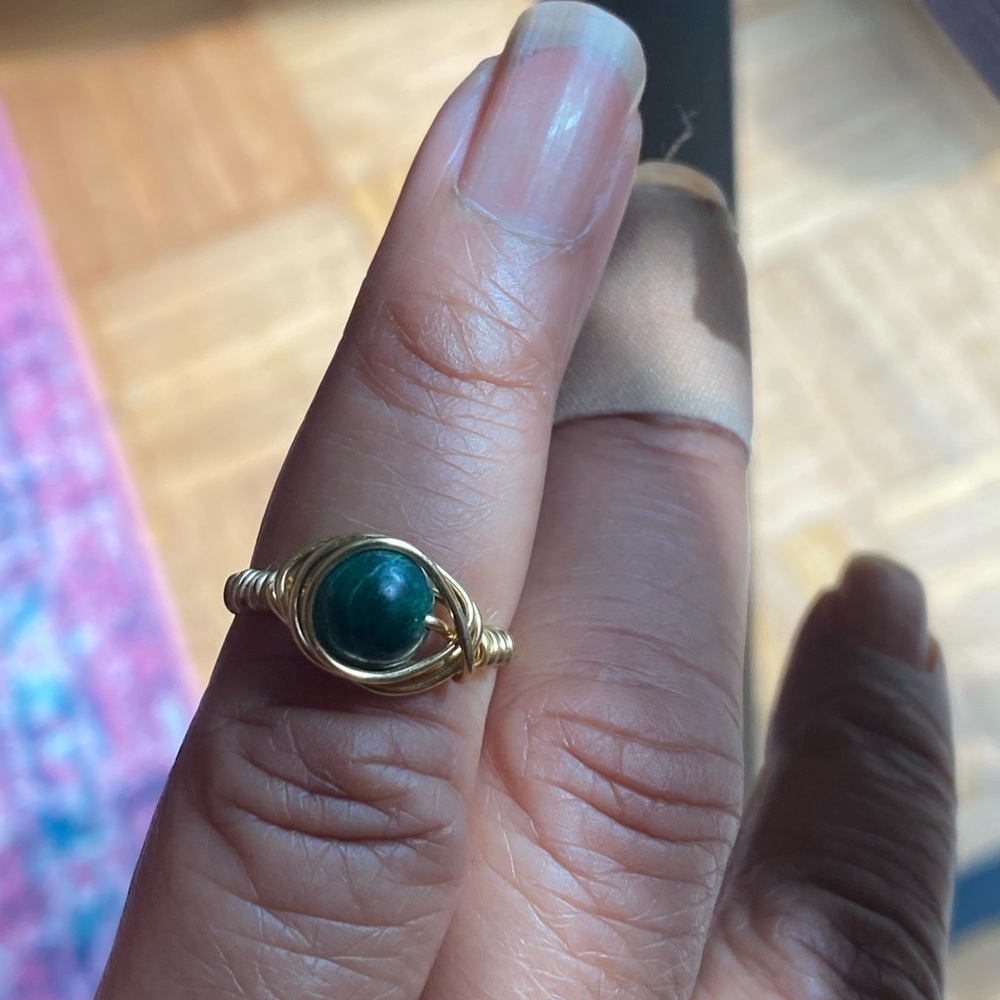 Elegant Gold Wire Wrapped Ring with Green Stone